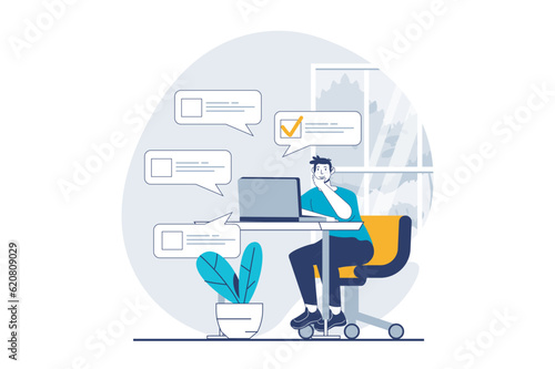 Online survey concept with people scene in flat design for web. Man giving feedback with user experience and answering questions. Vector illustration for social media banner, marketing material.