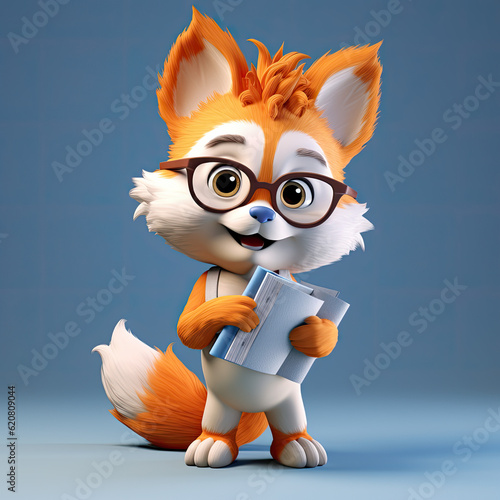 Baby Fox, 3D cartoon character, Pixar-style, holding a book, wearing glasses, friendly, solid background