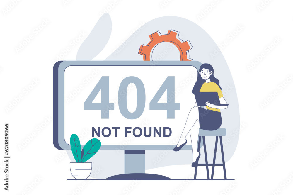 Page not found concept with people scene in flat design for web. Woman sees message of website connection problems on computer screen. Vector illustration for social media banner, marketing material. Page not found concept with people scene in flat design for web. Woman sees message of website connection problems on computer screen. Vector illustration for social media banner, marketing material.