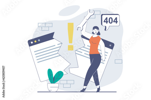 Page not found concept with people scene in flat design for web. Woman fixing disconnect problem and maintaining website for users. Vector illustration for social media banner, marketing material.