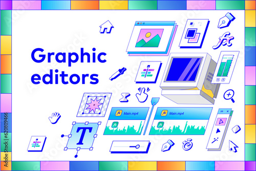 Graphic and Motion UX UI Designer toolbars in Retro colorful style.  Vector illustration