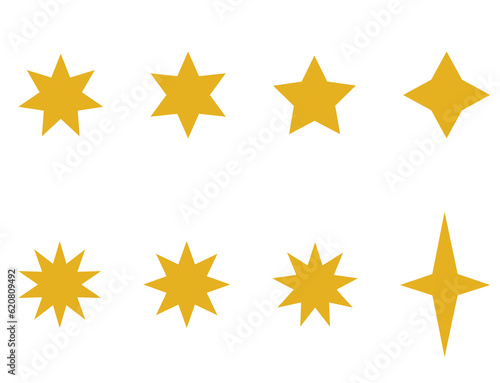Yellow golden simple flat stars on a white blank background. Bright flat ornate symbols for digital creative asset use like illustrations or brochures and designs. 