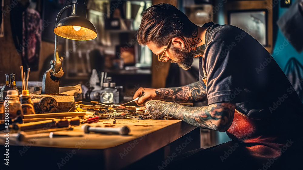 tattoo salon, tattooed man in art workshop, made with Generative AI