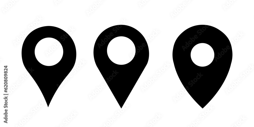 Map icon pointer simple illustation design. Flat graphic pointer pin for direction for location like street, route or location. Tag for mobile or navigation. Full black inside isolated on white Map icon pointer simple illustation design. Flat graphic pointer pin for direction for location like street, route or location. Tag for mobile or navigation. Full black inside isolated on white
