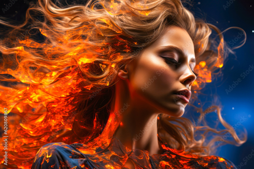 Abstract portrait of fire disintegrating woman, bow down, side view  , Generative Ai
