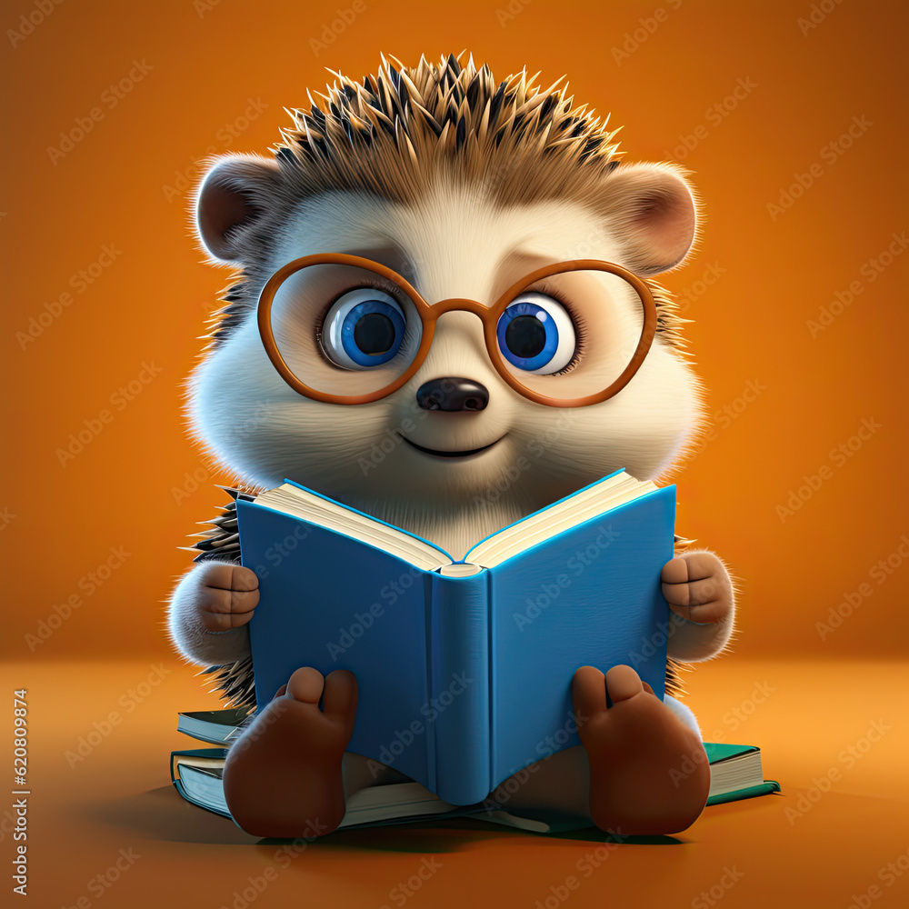 Baby Hedgehog, 3D cartoon character, Pixar-style, holding a book, wearing glasses, friendly, solid background