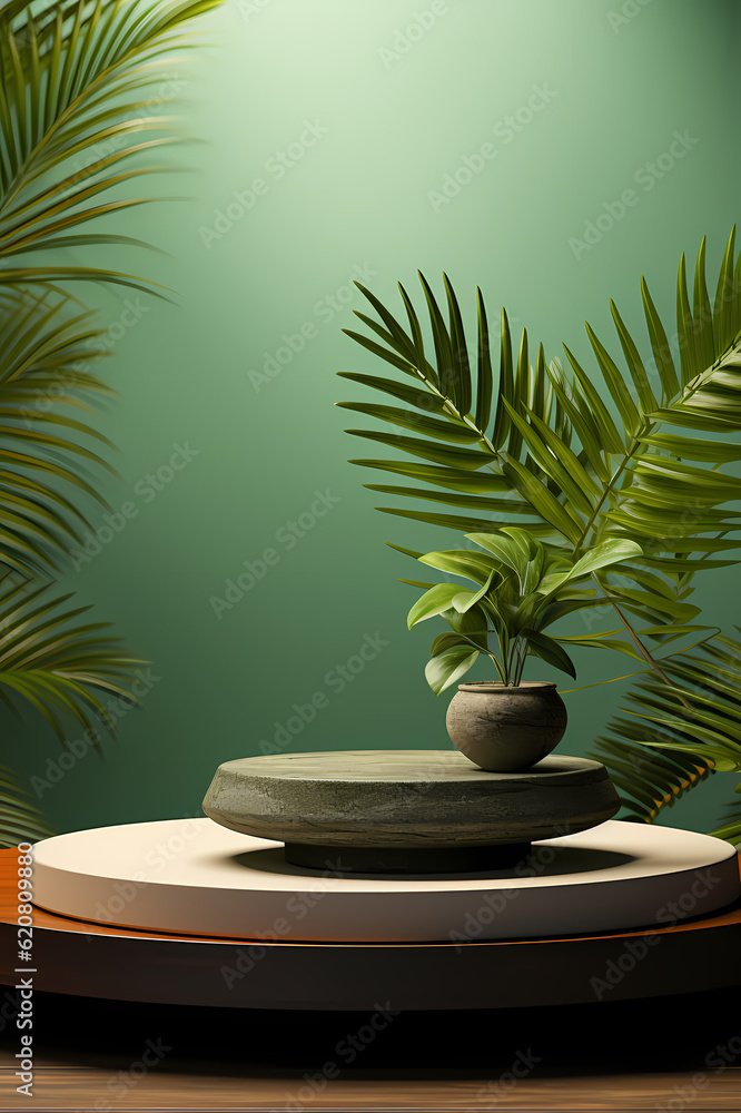 Product display podium plant and green leaves, AI generated Image
