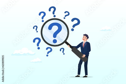 Businessman with magnifying glass analyze question marks, problem analysis or problem management, investigate for root cause or incident, finding solution or discover threat or uncertain (Vector)
