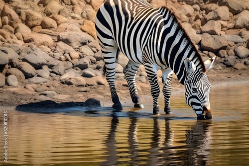 a zebra is drinking in the river