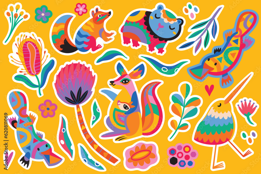 Big sticker set. Abstract Australian animals, flowers and leaves. Vector illustration