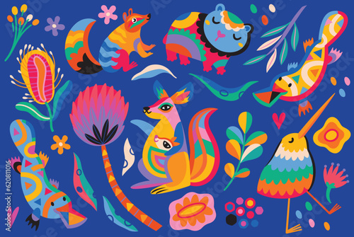 Big set of abstract Australian animals, flowers and leaves. Vector illustration