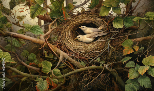  a painting of a bird nest with two birds in it.  generative ai