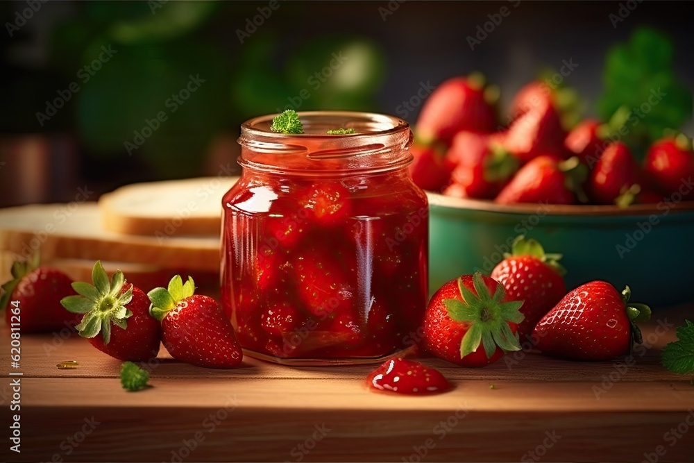 Glas of strawberry jam with strawberries created using generative AI tools Glas of strawberry jam with strawberries created using generative AI tools