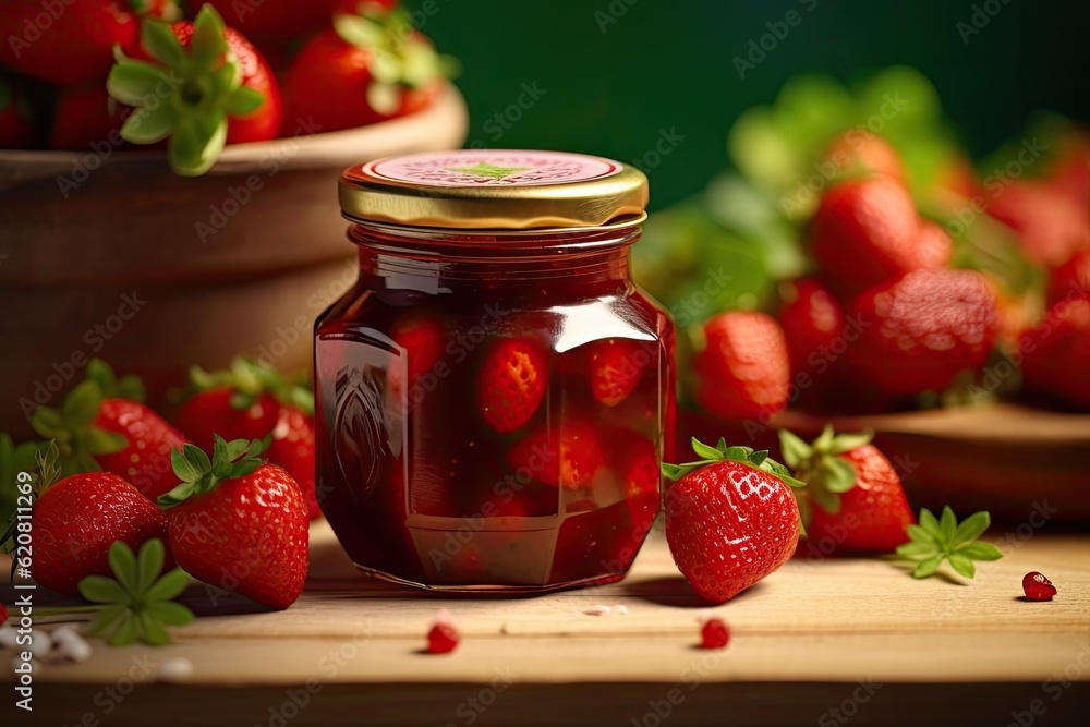 Glas of strawberry jam with strawberries created using generative AI tools