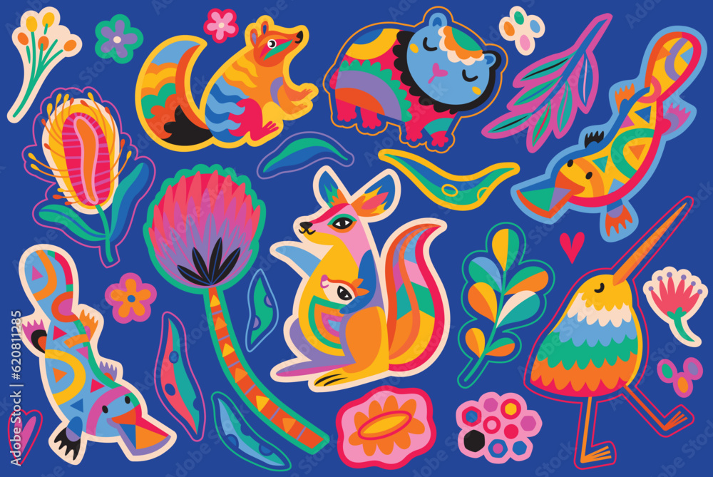 Abstract Australian animals, flowers and leaves. Big sticker set. Vector illustration Abstract Australian animals, flowers and leaves. Big sticker set. Vector illustration