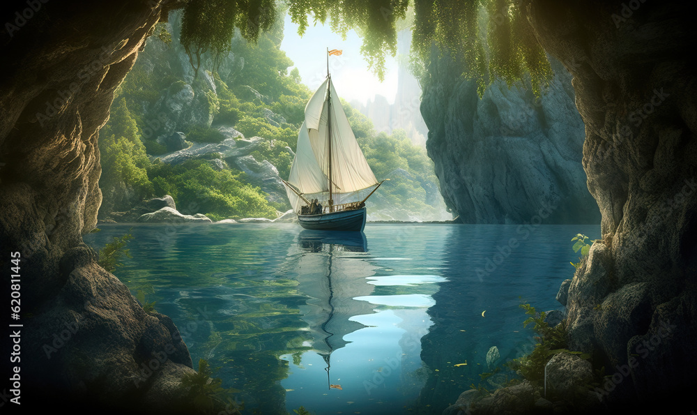  a boat floating in a body of water near a cave.  generative ai