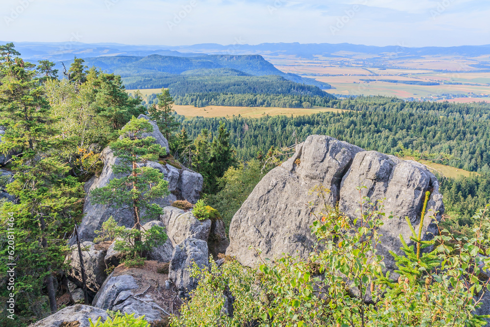 View from the red hiking trail near Szczeliniec Wielki towards Broumovské stěny (Koruna in the background) in the Central Sudetes in the Stolowe Mountains (Poland)