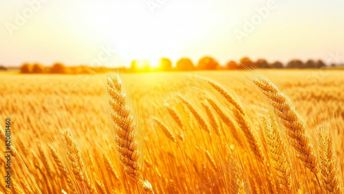 Golden wheat fields  beautiful sunset scenery rural scenery under sunlight The background of the ripe wheat field bountiful harvest.