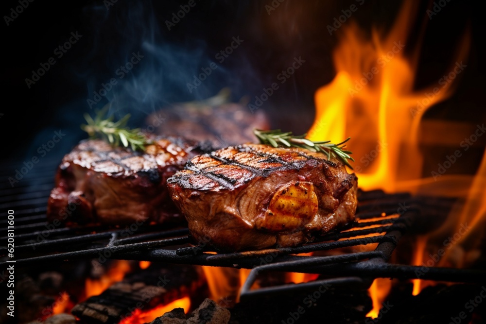 Steaks on a grill with flames and smoke photo Steaks on a grill with flames and smoke photo