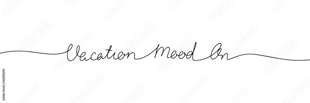 Vacation mood on phrase in one line continuous vector illustration. Monoline text line art handwriting calligraphy, lettering.