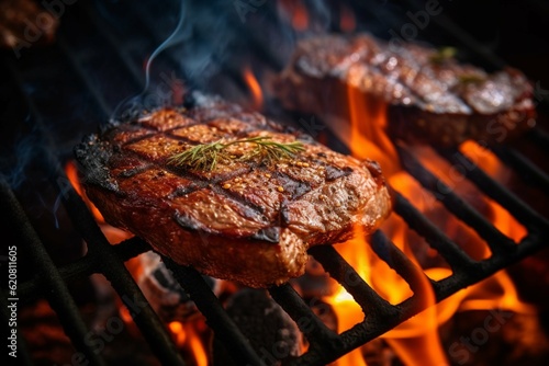 Steaks on a grill with flames and smoke photo