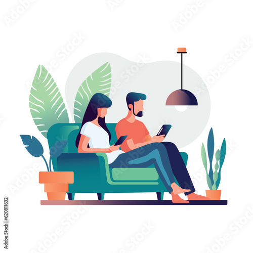 Couple relaxing at home, minimal vector art