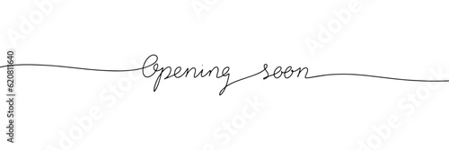 Opening soon phrase in one line continuous vector illustration. Monoline text line art handwriting calligraphy, lettering.