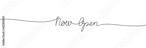 Now open phrase in one line continuous vector illustration. Monoline text line art handwriting calligraphy, lettering.