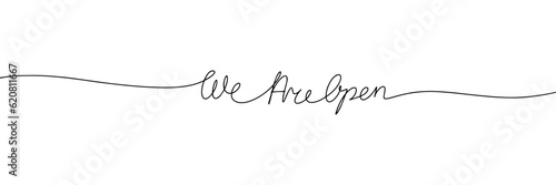 We are open phrase in one line continuous vector illustration. Monoline text line art handwriting calligraphy, lettering.