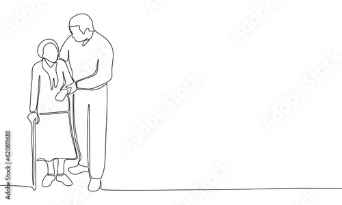 Continuous line art or One Line Drawing of a man is helping senior woman picture vector illustration
