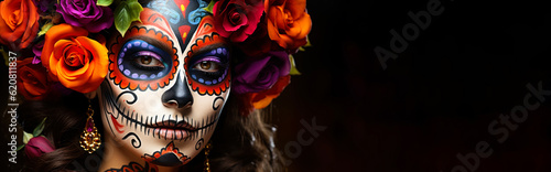 Artistic Expression: Woman with Ornate Makeup and Face Tattoos for Mexican Festival Banner with copy space placeholder