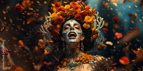 Vibrant Celebration: Woman with Floral Skull Makeup Screaming on Dia de los Muertos