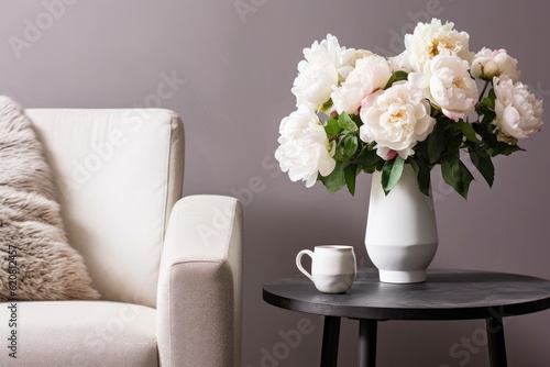 vase of white peonies on a coffee table created using generative AI tools