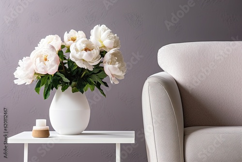 vase of white peonies on a coffee table created using generative AI tools
