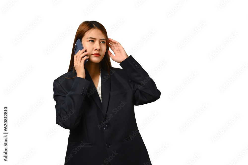 Confused businesswoman talking on mobile phone and expressing doubt, isolated white background Confused businesswoman talking on mobile phone and expressing doubt, isolated white background
