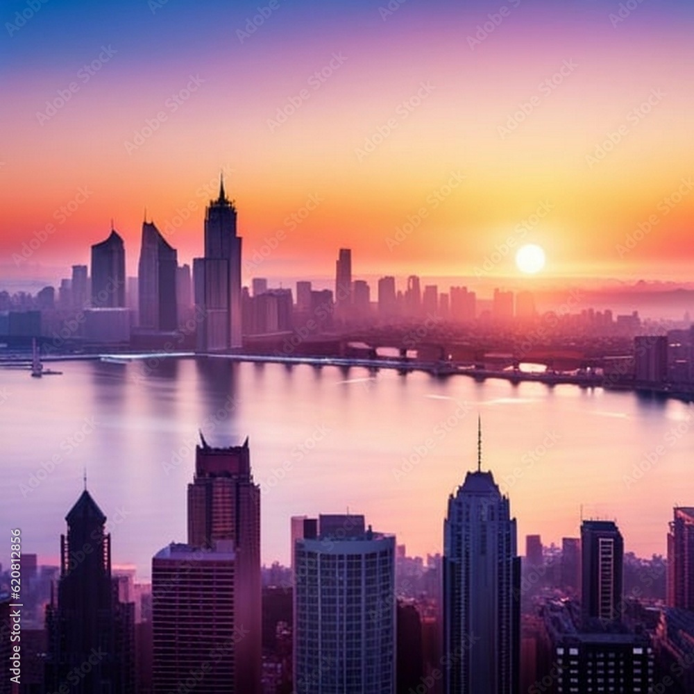 glorious sunrise over a cityscape, with the city slowly coming to life and the sky tuming orange and pink, serene, peaceful, cityscape, high detail, ai generated