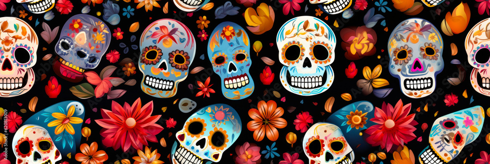 Day of the Dead skulls seamless pattern. mexican Halloween texture. Dia de los muertos print. Mexican tradition festival. Day of the dead sugar skull isolated background
