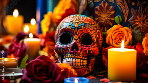Cultural Artistry: Colorful Skull on Traditional Mexican Day of the Dead "Ofrenda"