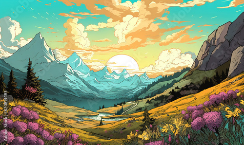  a painting of a mountain scene with flowers and a lake.  generative ai