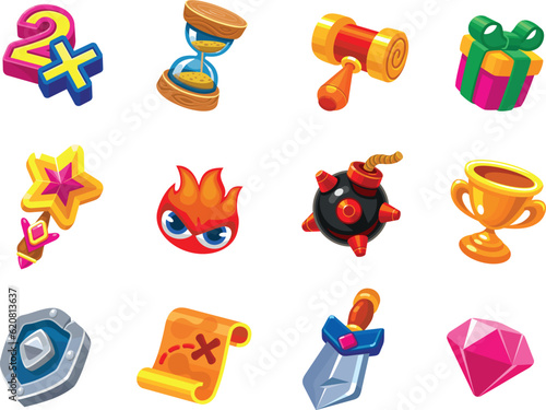 Game UI kit. Icons for computer Mobile Game. Can be used in mobile or web games. For use in a Matc3 game. Bright isolated symbols   