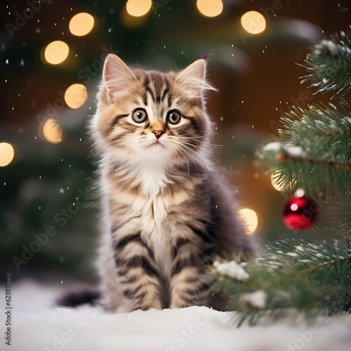 A little kitten under the Christmas tree for Christmas Generative AI © Irina