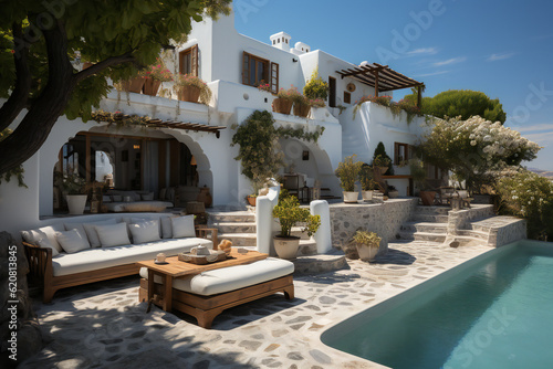 Traditional Mediterranean Retreat with Pool  White House  Modern Minimalist Exterior and Pool. Generative Ai.