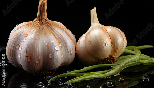 Still life of garlic heads in with drops water. Illustration AI photo