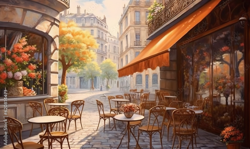  a painting of a street cafe with tables and chairs outside.  generative ai