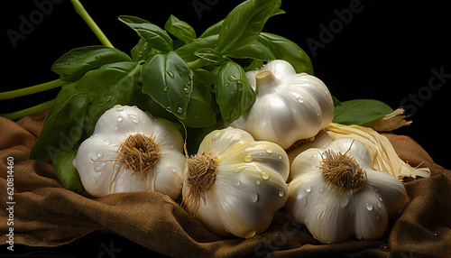 Still life of garlic heads over a rustic cloth. Illustration AI photo