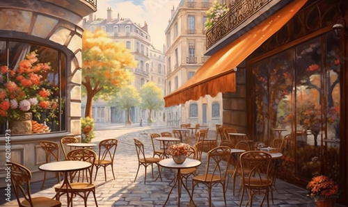  a painting of a street cafe with tables and chairs outside. generative ai