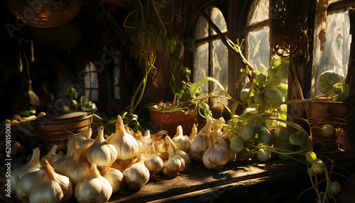 Tenebrist still life of garlic heads together a windows kitchen. Illustration AI photo