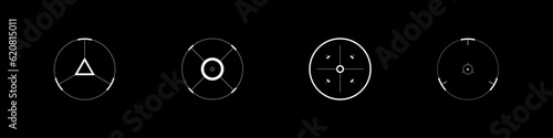 Cyberpunk style circle aim set. Cyber targets, aims, sights, and crosshairs. A pack of GUI futuristic circle targets. A vector collection of cyberpunk design elements.