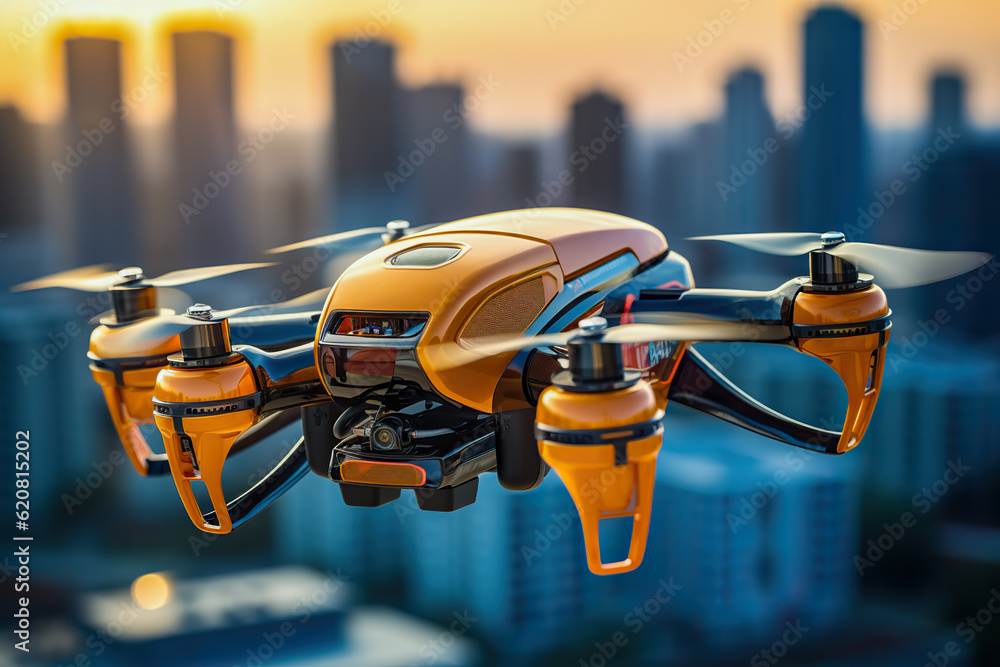 Drone flies against backdrop of modern city Drone flies against backdrop of modern city