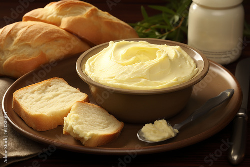 Trendy Korean dessert. Bowl of kaymac with bread on wooden table, closeup view. 